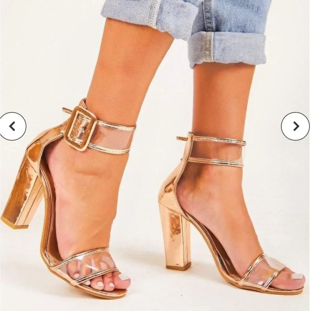 HERSTYLE CLEAR ADJUSTABLE BUCKLE ANKLE BACK STRAP ROUND TOE BLOCK HEEL SANDAL
